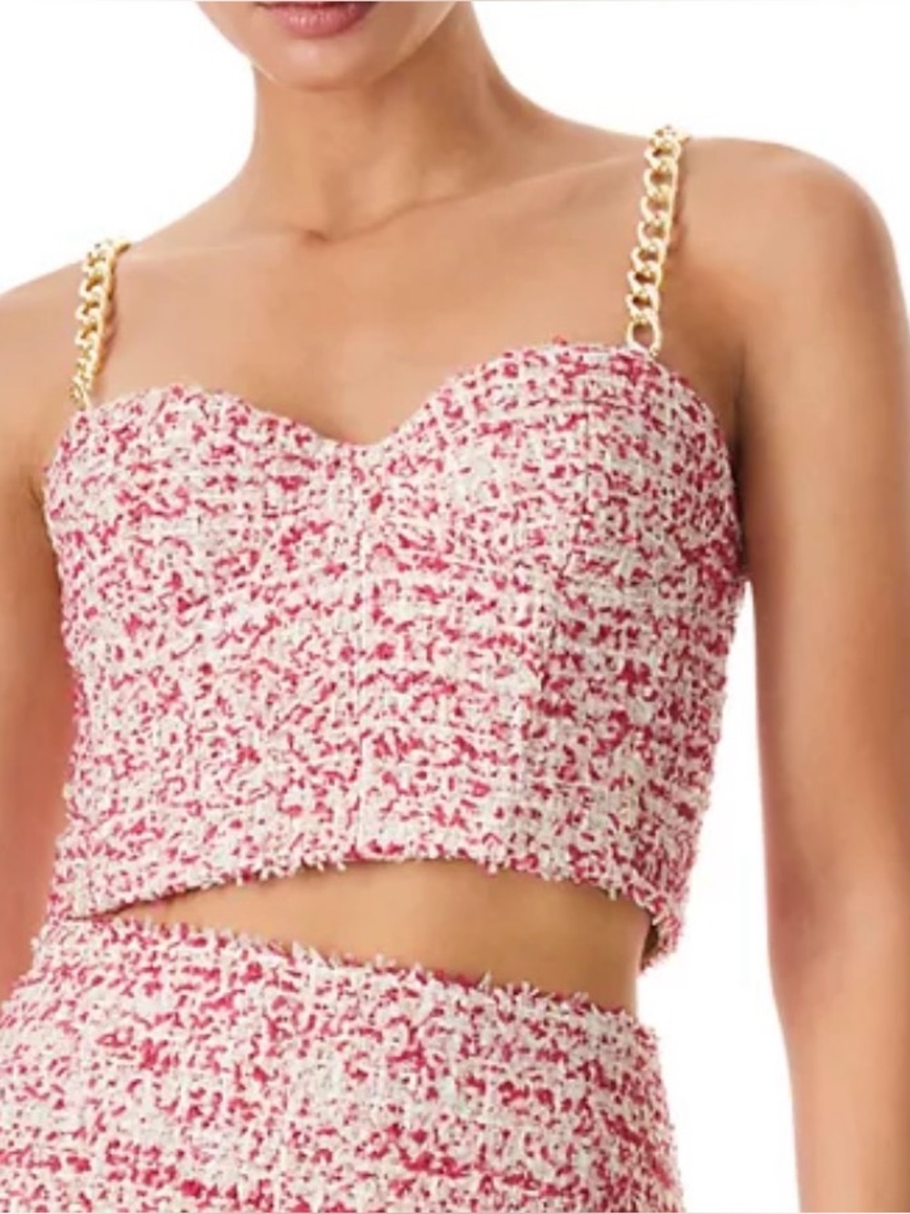 Alice and Olivia Women's Pink Tweed Crop Top with Gold Chain Straps